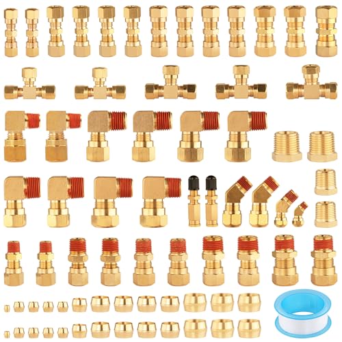 74Pcs DOT Air Brake Line Fittings,Brass Compression Air Nylon Tubing Fittings Assortment Kits 1/4" 1/8" 3/8" 1/2" 5/8" for Industrial Use or Trucks Trailers - color: 74pcs BRASS DOT AIR FITTINGS