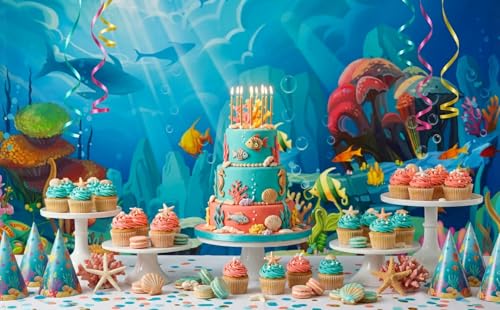 CHAIYA Under The Sea Backdrop Ocean Little Mermaid Backdrop Background for Under The Sea Theme Baby Shower Photo Booth Banner Party Cake Table Decoration 10x8ft - size: 10′x8′
