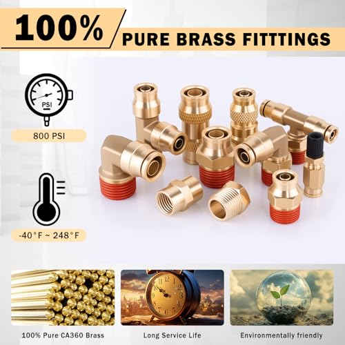 CheeMuii 136 PCS Brass DOT Air Line Fittings Kit Push Lock DOT Air Fittings Push to Connect Fittings 1/8" 1/4" 3/8" 1/2" Quick Connect Air Hose Fittings Assortment for Air Line Air Hose - size: 136PCS