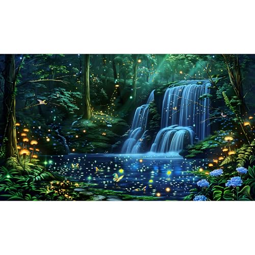 Waterfall Aquarium Background Enchanted Fantasy Forest Shimmering Fireflies Fish Tank Background Majestic Tranquil Lake Stream Reptile Tank Backgrounds Neon Lights Fish Terrarium Backgrounds 24x12in - color: Green_Blue, size: 24(W)x12(H)inches/ 60(W)*30cm