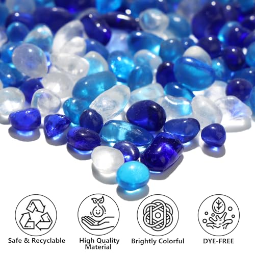 QYGL 0.55LB Blue Mixed Clear Glass Pebbles, Tumbled Sea Glass Stones for Vase Fillers, Fish Tank Gravel, Aquarium Rocks, DIY Crafts, Plant Pots, Wedding & Home Decor, Transparent Glass Gemstones - color: Blue Mixed