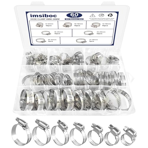60PCS Stainless Steel Hose Clamps Assortment Kit, Adjustable 1/4''- 1-1/2'' (6-38mm) Worm Gear Metal Fuel Line Clamp for Plumbing, Washing Machine, Mechanical, Garden and Automotive Hose Connections - size: 60pcs 6-38mm