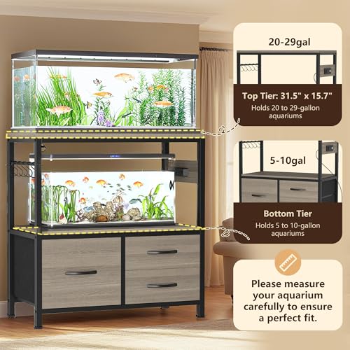 Heybly 20-29 Gallon Fish Tank Stand, Aquarium Stand with Drawer, Power Outlet, Heavy Duty Metal Frame, for Fish Tank, Turtle & Reptile Terrarium, 31.5" x 15.7" Top, 330lbs, Rustic Gray HAS001SG - color: Greige, size: 20-29 gal