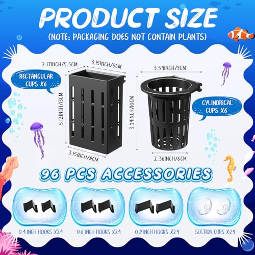 Chunful 12 Set Upgraded Large Aquarium Plant Holder Contain 12 Hanging Aquatic Pot with 72 Hooks and 24 Aquatic Planter Suction Cups for Fish Tank Aquarium Cultivation and Aquascape Decoration (Black) - color: Black