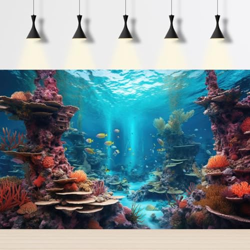 Under The Sea Aquarium Background Vibrant Coral Reef Turquoise Ocean Seascape Fish Tank Background Aquatic Seagrass Submerged Structure Terrarium Backgrounds Underwater Reptile Backgrounds 24x12in - color: Blue_Purple, size: 24(W)x12(H)in