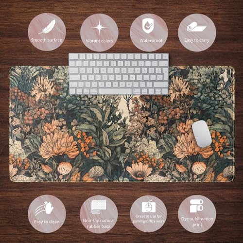 Boho Aesthetic Desk Mat Wildflowers Large Mouse Pad Gaming Pad, XXL Keyboard Mat Full Desktop Women Office Desk Accessories with Stitched Edges Anti-Slip Funny Deskpad, 31.5 X 15.8 in - color: Aesthetic Dark Plants