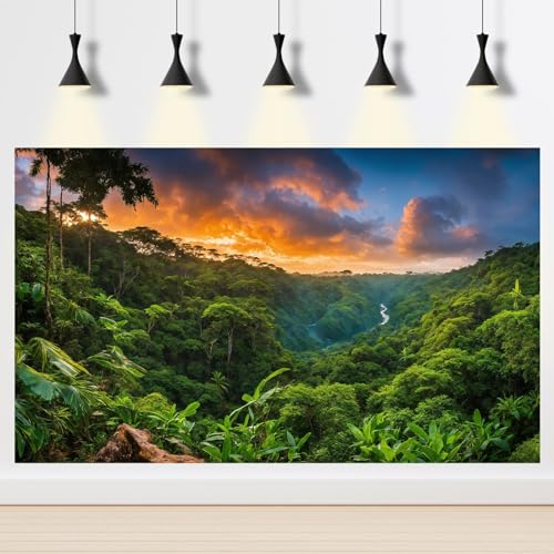 2 Packs Jungle Forest Aquarium Background Sunset Waterfall Tropical Jungle Rainforest Fish Tank Background Lush Green Trees Natural Forests Cascading Falls Reptile Tank Enclosure Backgrounds 24x12in - color: Orange_Green, size: 24(W)x12(H)inches/ 60(W)*30