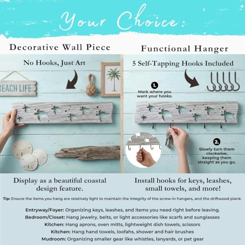 Driftwood Wall Art & DIY Key Holder – Handmade Coastal Home Decor – 17.5" Genuine Weathered Wood Plank with 5 Removable Hooks for Keys, Leashes, and Jewelry – Nautical Beach House Wall Hanging (Turtle March) - style: Turtle March