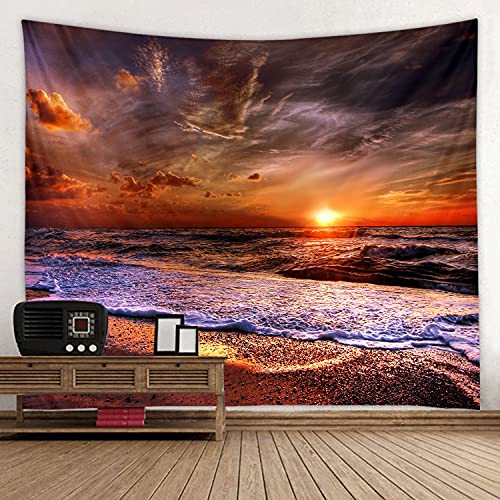 WODEJIA Beach Sunrise Orang Sea Print Fabric Tapestry Decorative Wall Art Tablecloth Bedspread Picnic Blanket Beach Throw Blanket for Bedroom Hall Dormitory Living Room Hanging 91 x 71 inches - color: Beach Sunrise Orang Sea, size: 91 x 71 inches