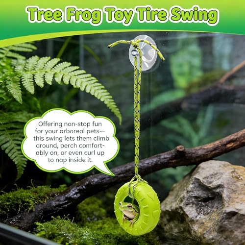 Tree Frog Habitat Toy Plastic Leaf Decorations Tire Swing Habitat Miniature with Suction Cups, Frog Habitat Platform, Frog Tank & Terrarium Decor Accessories, for Reptile Amphibian Crustacean Toy