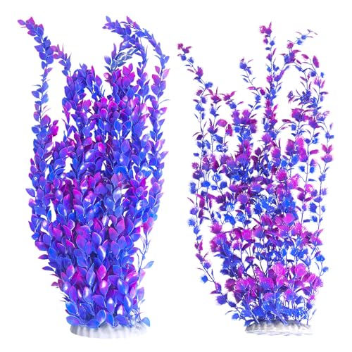Hamiledyi Aquarium Plastic Plants Aquarium Decor Artificial Fish Tank Plants,Tall Fish Tank Decorations, Extra Large Aquarium Plant 23.6-inch Tall,2PCS（Purple Style A） - color: Purple（style A）