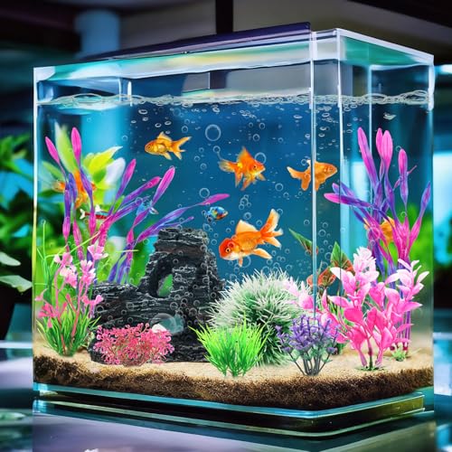 QUOZUO Fish Tank Accessories, Aquarium Fish Tank Plastic Plants and Cave Rock Decorations Set 10 Pieces, Small and Large Artificial Aquarium Plants with Cave Rock