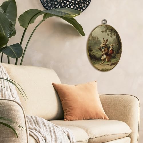 XFCICRLJ Vintage Easter Bunny Nursery Wall Art Decor, Antique Traveling Rabbit Oval Canvas Prints Framed, Rustic Bunny Rabbit Animal Wall Art Decorations for Kids Girls Boys Nursery Room Decor, 11x8.5 Inch 016-MH-TYH - color: bunny