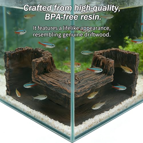 90° Corner Aquarium Tunnel Hide for Fish, Realistic Driftwood Stump Hides for Aquarium, Safe Resin Fish Cave for Betta, Shrimp, Corydoras, Axolotls (5.1"x5.1"x2.8")