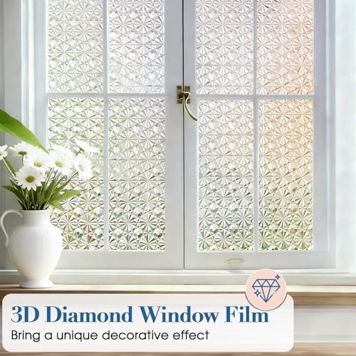 Windimiley 3D Diamond Frosted Window Privacy Film, Static Cling Decorative Glass Covering, No Glue Removable Vinyl, UV Blocking Heat Control for Bathroom Bedroom Door, 11.8 x 78.7 inch