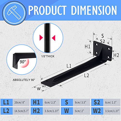 CLT Shelf Bracket( Black) , 8” Quarter Inch (1/5") Thick- Max Load: 220 lb Rustic Industrial Modern Farmhouse Heavy Duty Corner Brace Joint Right Angle Bracket for DIY Table Bench, Pack of 6 - size: 8 inches, style: Black S Gusset