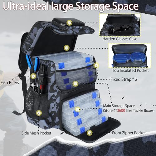 Fishing Backpack with Rod Holder, Large 50L Tackle Bag Water Resistant Tackle Backpack Heavy Duty Fishing Bag Gift for Men Woman - color: Camo Black with 4 Tackle Boxes