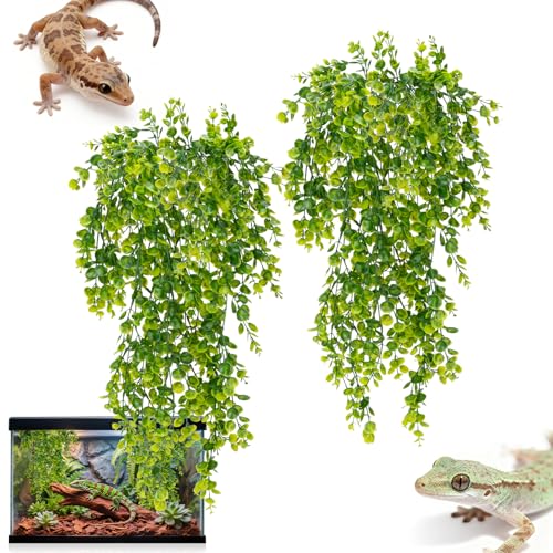 RAINFLOW 2PCS Fake Hanging Plants Reptile Habitat Vines – Artificial Terrarium Plants with Iron Stem, UV Resistant Faux Vines for Bearded Dragon Gecko Snake Turtle Tank Enclosure Decor Indoor Outdoor - color: Green