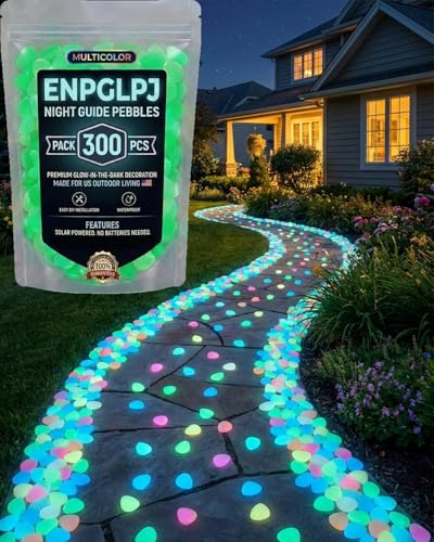 Colorful Glow in the Dark Garden Stones Night Guide Pebbles Luminous Rocks Outdoor Pathway Walkway Yard Patio Fish Tank Aquarium Stepping Decor Landscape Waterproof Solar Magical - color: Green, size: 300pcs