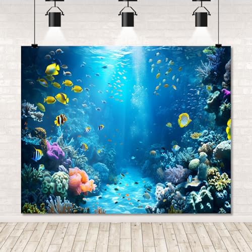 Under The Sea Backdrop 10x8ft Ocean Backdrop Underwater World Colorful Tropical Fish Coral Aquarium Deep Sea Sunlight Photography Background Birthday Under The Sea Party Decorations Photo Props - color: Blue2, size: 10x8ft