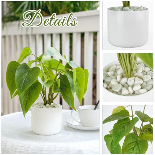 Mkono Fake Plants in Ceramic Pot, 11" Potted Artificial Plants for Home Decor Indoor Faux Green Leaf Plant with Modern White Planter for Desk Shelf Office Room Decoration (Pothos) - color: White, size: Small
