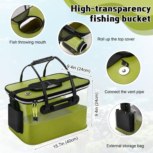 3 Pcs Fishing Bucket, Live Bait Aerator and Fishing Cast Net with Heavy Duty Sinker Foldable Live Bait Bucket Portable Quiet Aerator Fish Transport Container Outdoor EVA Bag - color: Green