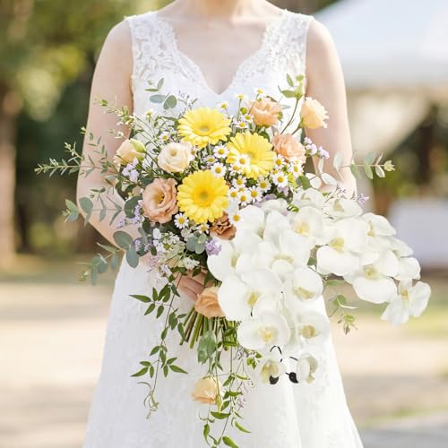 36'' White Orchids Artificial Flowers 10 Large Blooms Faux Phalaenopsis Branches 5PCS Fake Silk Orchids Stems for Tall Vase for Wedding Home Table Party Decor (White) - color: White