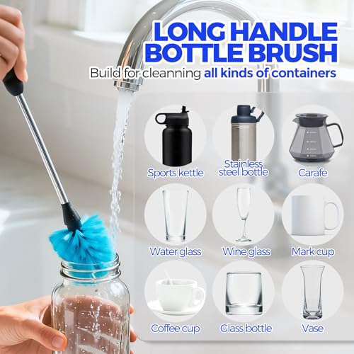 Holikme 6 Pack Bottle Brush Set, 14.5" Long Handle Stainless Steel Bottle Cleaner Brush, Long-Handled 6-in-1 Stainless Steel Bottle Brushes for Water Bottle, Cups, Abrasive Wheel Brushes, Blue