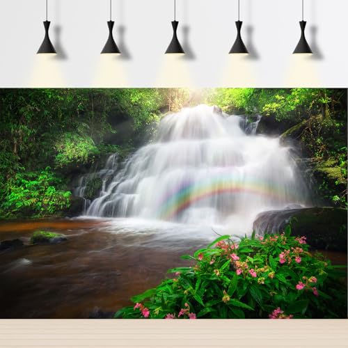 Waterfall Aquarium Background Rainforest Under Sunbeams Rainbows Terrarium Backgrounds Jungle Forest Stream Theme Fish Tank Backgrounds Falls Cascading Reptile Tank Enclosure Backgrounds 24x12in - color: Green_Pink, size: 24(W)x12(H)inches/ 60(W)*30cm(H)
