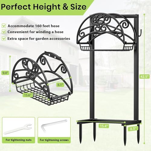 TomCare Garden Hose Holder Upgraded Water Hose Holder Heavy Duty 4 Spikes Hose Hanger Holds 160 Feet Hoses Stable Freestanding Hose Storage Organizer for Outside Yard - color: Black