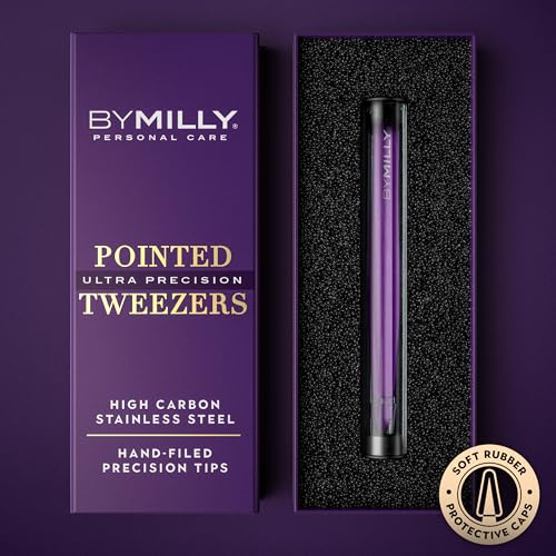 Pointed Tweezers | Stainless Steel | Hand-Filed Point Tips for Ultra Precision | Tweezers for Ingrown Hair & Eyebrows | For Men and Women | Effortless Plucking | Professional | Purple - color: Purple