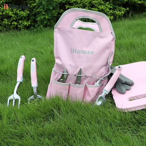 Pink Garden Tool Sets 12 Pieces, iHansee Aluminum Gardening Hand Tools with Non-Slip Handle, Kneeling Pad, Apron, Gloves and Organizer Bag, Landscaping Tools - Gift for Women & Garden Enthusiasts - style: Pink
