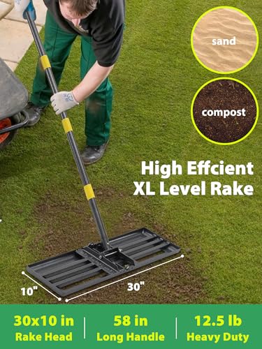 Lawn Leveling Rake Heavy Duty, 30x10 in Large Soil Leveling Rake, Ground Leveler with Anti Flipping Smooth Edge for Dirt Sand Grass Golf, 58" Long Handle, Foldable Garden Landscaping Levelawn Tools