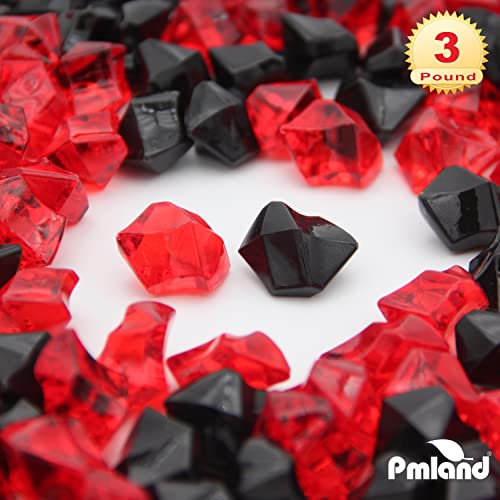 PMLAND Clear Fake Ice Rocks – 550 Pcs Large Acrylic Gems Crushed Plastic Diamonds, Black & Red (3Lbs/2.25 Quarts) – Bulk Vase Filler for Centerpieces Theme Décor Aquarium Table Scatter - color: Red and Black