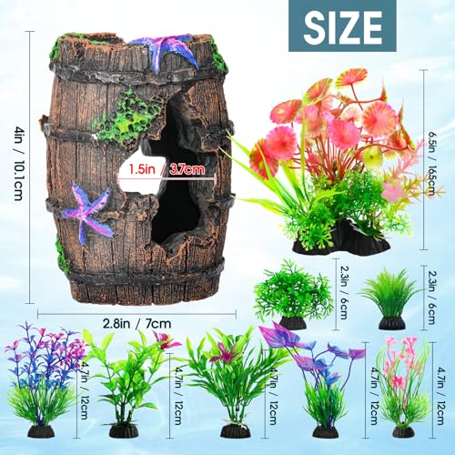 CousDUoBe Fish Broken Barrel Decor Fish Tank Decorations Betta Fish Tank Accessories,Starfish Barrel x 1pc, Aquarium Plants x 8pcs - size: 9 Pcs