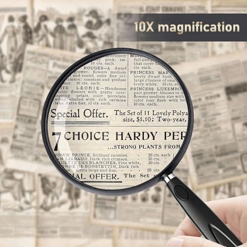 Feosky Handheld Reading Magnifier, 10X Magnifier, 130mm Shatterproof Lens, Non-Slip Handle for Adults Close Work, Seniors Reading and Nature Exploration, Hobby Observation(Black) - color: Black