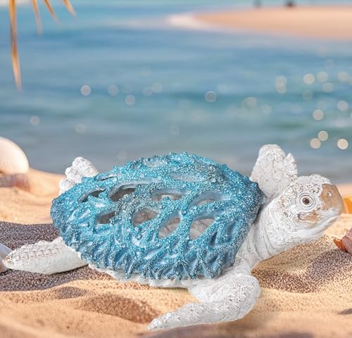 VVGIFTS Ocean Decor Sea Turtle Coral Reef Home Office Decor Sculpture Beach Coastal Tabletop Shelf Collection (Blue) - color: Blue and White