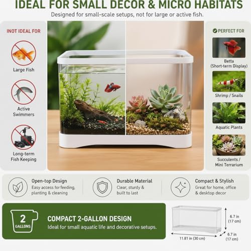 Geelin 2 Gallon Plastic Rectangular Fish Tank, Aquarium for Betta Fish Reptiles Succulents Flower Centerpiece, Shatterproof with Clear Clarity for Home Office Desktop Decors (White) - color: White