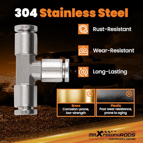 maXpeedingrods 6 mm OD Push to Connect Fittings, Air Line Fittings, Stainless Steel Union Tee, 3 Way Air Hoes Fittings Replacement for Air Suspension Kit & Air Compressor Kit for Trucks Vans, 2 Packs - style: Push to Connect