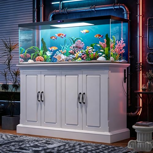 55-75 Gallon Fish Tank Stand with Power Outlet, Heavy Duty Aquarium Stand with 4 Cabinets for Turtle Tank,Reptile Terrarium with Cabinet for Fish Tank Accessories Storage,880LBS Capacity,White - color: White, size: 50.00“L*20.00'W*36.20"H