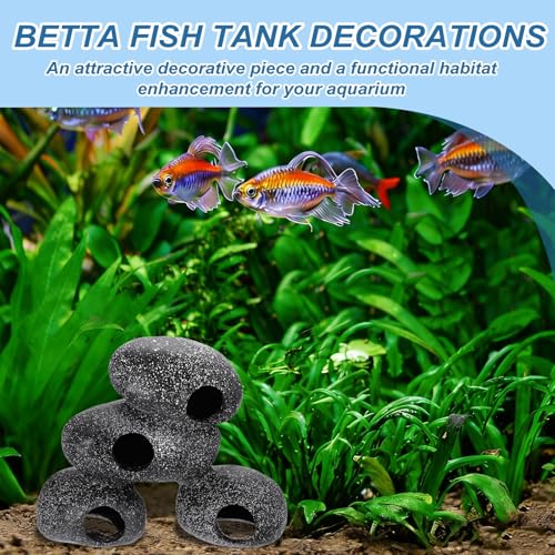 Aquarium Decorations Rocks, 6.9x2.8x5.5 Inch Betta Hide Resin Realistic Fish Tank Ornaments, 2Pcs(Grey), Intended for Small Fish/Shrimp/Guppy - size: 6.9x2.8x5.5 Inch