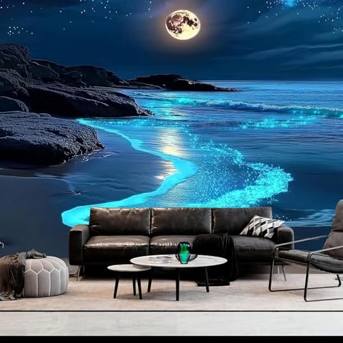 FENDROM 3D Fantasy Nature Sky Tapestry Stunningly Beautiful Moon Over Ocean Wall Hanging Landscape Wall Art Blanket for Bedroom Living Room - color: Blue, size: 90"L x 71"W