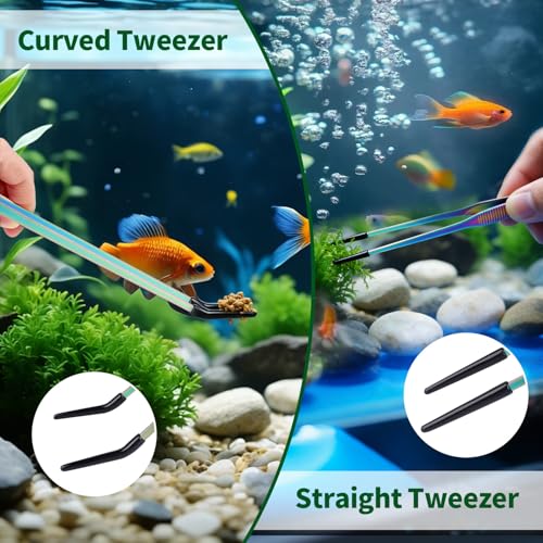 2 Pack Stainless Steel Reptile Feeding Tongs with Rubber Tip, 10.6" Straight & Curved Tweezers, for Aquarium or Craft, Planted Tank, Terrarium Tank, Feeder for Beard Dragons, Lizard and Snakes, Silver