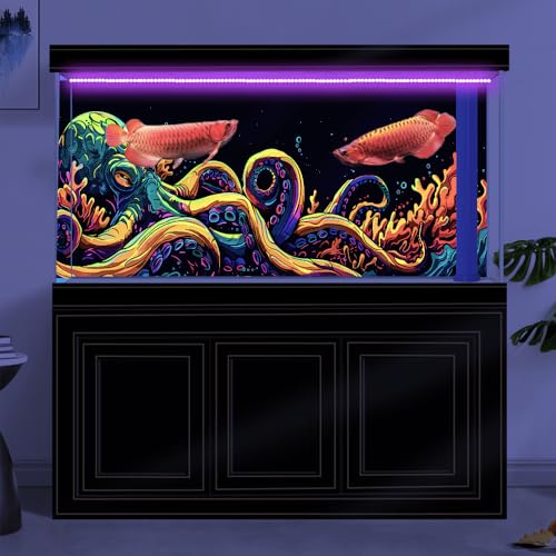 30X18IN Blacklight Octopus Sea Monster HD 3D Black Light Aquarium Background UV Reactive Background Terrarium Background with 10 EVA Double-Sided Tape - size: 30X18in/75X45cm