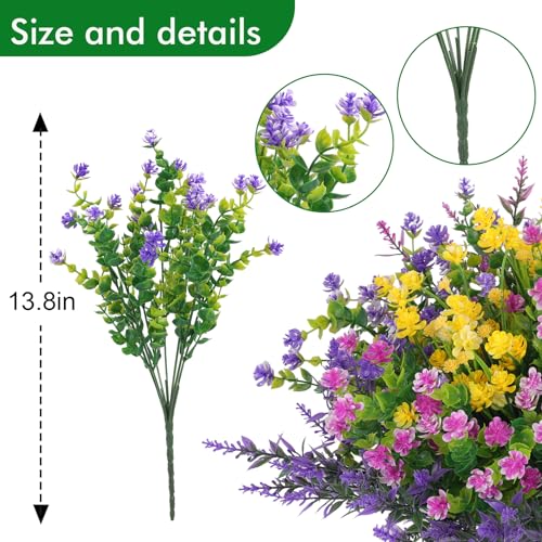 Hananona 12 Pcs Artificial Flowers Outdoor, Faux Artificial Plants UV Resistant Plastic Flower Bulk for Hanging Planter Porch Window Home Wedding Fall Summer Decor (12, Fuchsia, Purple, Yellow, Green) - color: Fuchsia, Purple, Yellow, Green