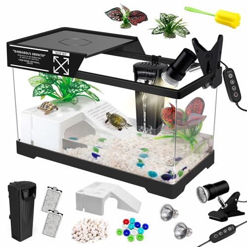 GOZILLA Turtle Tank Kit(Tank+Lamp+Filter), Upgrade PC Turtle Tank Starter Kit with Adjustable Lamp & Filter, Reptile Habitat with Lid, Basking Platform for Small Reptiles.(15.75 × 7.9 × 9''/Black Kit) - color: Medium-Black-KIT