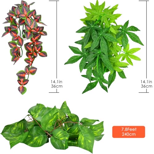 KATUMO Reptile Plants, 3 PCS Amphibian Hanging Plants with Suction Cup for Snake, Bearded Dragons, Lizards, Geckos, Toads, Hermit Crab Tank Pets Habitat Decorations - color: Green+fire Red