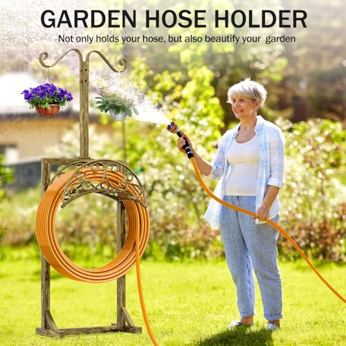 Garden Hose Holder - Upgraded Water Hose Holders for Outside with 5 Spikes & 2 Shepherds Hooks, Freestanding Hose Stand Hose Hanger Hose Storage Hose Reel Rack for Yard Lawn(Antique Golden) - color: Antique Golden