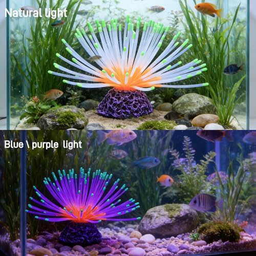 Glowing Sea Urchin Aquarium Decor - Fluorescent Rainbow Ornament with Weighted Base for Fish Tank, Safe Soft Silicone, Freshwater & Saltwater, Vibrant Glow Under Blue Light (Green) - color: Green