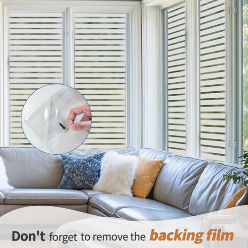 Niviy Frosted Window Film Privacy Window Sticker Non Adhesive Window Vinyl Film Removable Static Cling Window Film UV Protection Striped Pattern for Home Office 23.6" x 78.7" - color: Wide Stripe, size: 23.6" x 78‘’